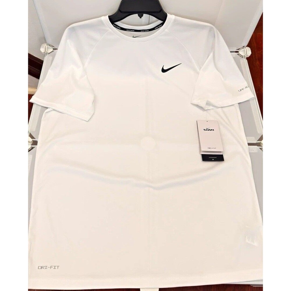 Nike Swim Mens Dri-FIT UPF 40+ Short Sleeve Rash Guard White M NESBA586 Read
